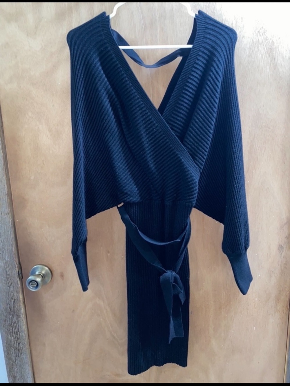 Black Ribbed Wrap Knit Dress with Tie Waist